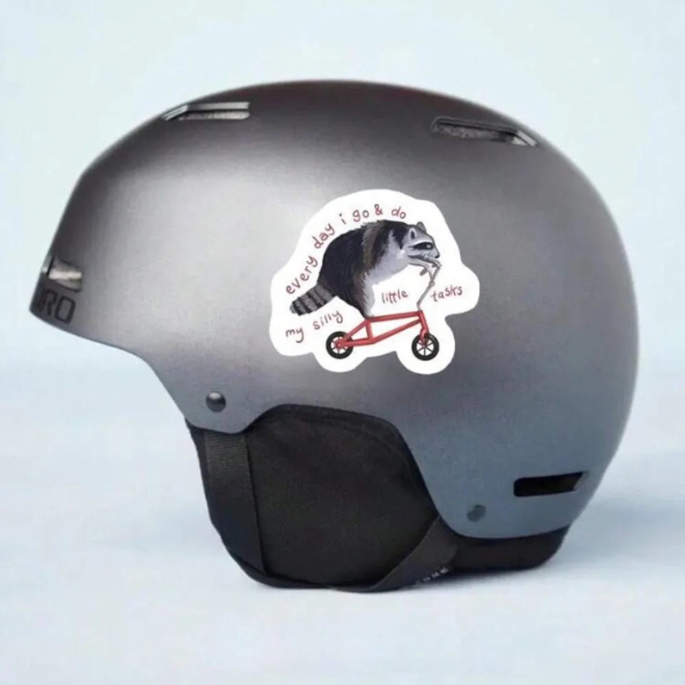 Gray red raccoon riding bike vinyl sticker decor laptop cup phone book tablet - Picture 6 of 8